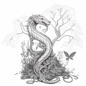 malvorlage-drache-umgeben-von-pflanzen-und-schmetterlingen