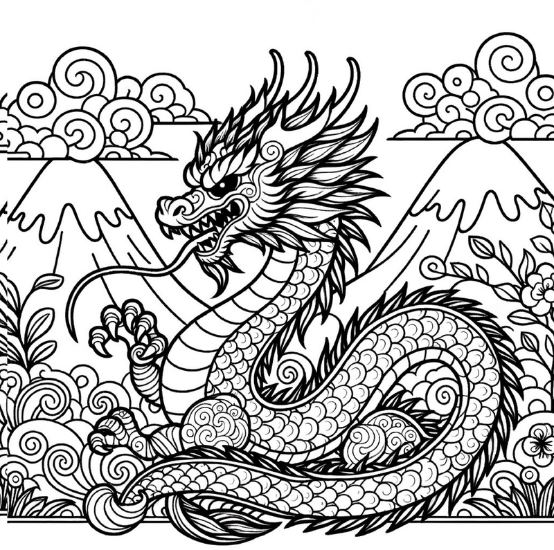 malvorlage-drache-wolken-berghintergrund