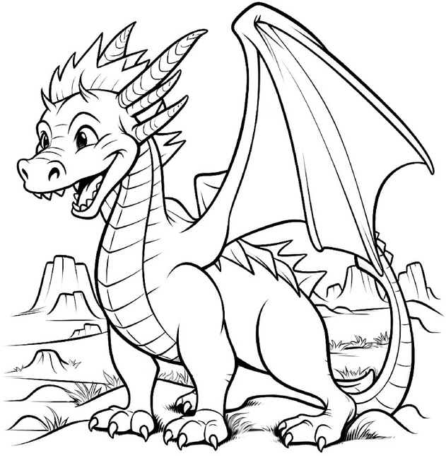 malvorlage-drachen-in-einer-fantasievollen-landschaft