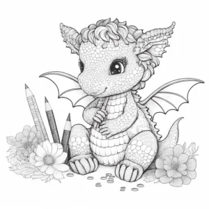 malvorlage-drachen-mit-buntstiften-und-blumen
