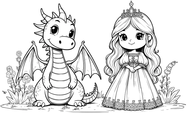 malvorlage-drachen-und-prinzessin-zum-ausmalen
