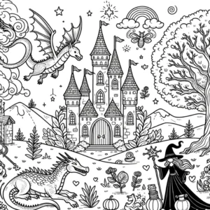 malvorlage-drachen-und-schloss-in-einer-fantasiewelt