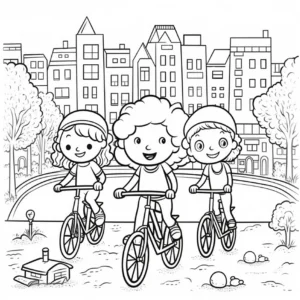 malvorlage-drei-kinder-auf-fahrrad-in-stadt