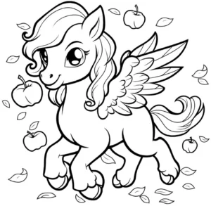 malvorlage-eines-fliegenden-ponys-mit-aepfeln-und-blaettern