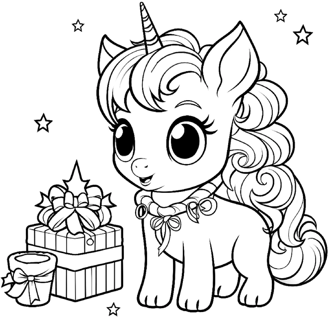 malvorlage-einhorn-mit-geschenk-und-sternen