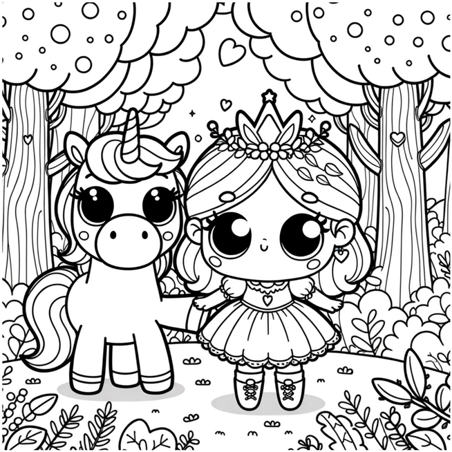 malvorlage-einhorn-und-prinzessin-im-wald