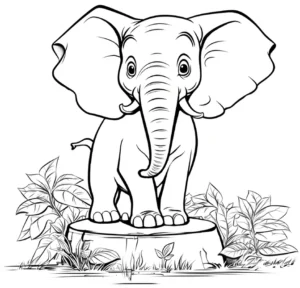malvorlage-elefant-auf-baumstumpf-in-natur
