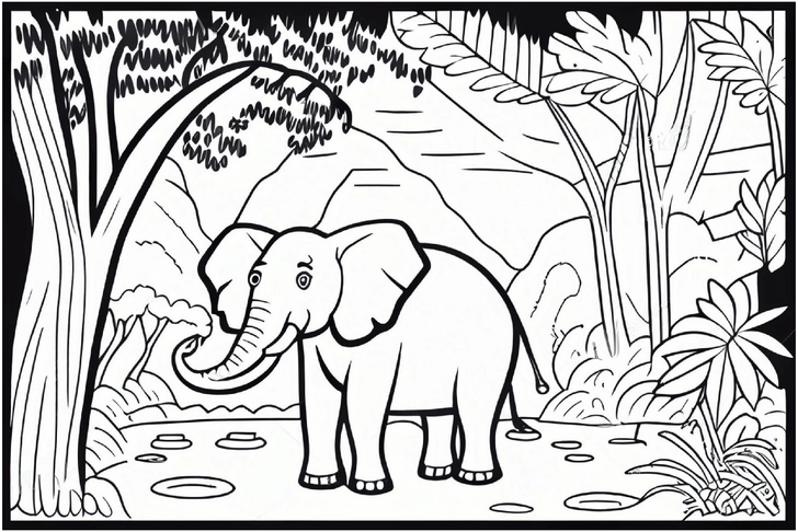 malvorlage-elefant-im-dschungel-mit-pflanzen