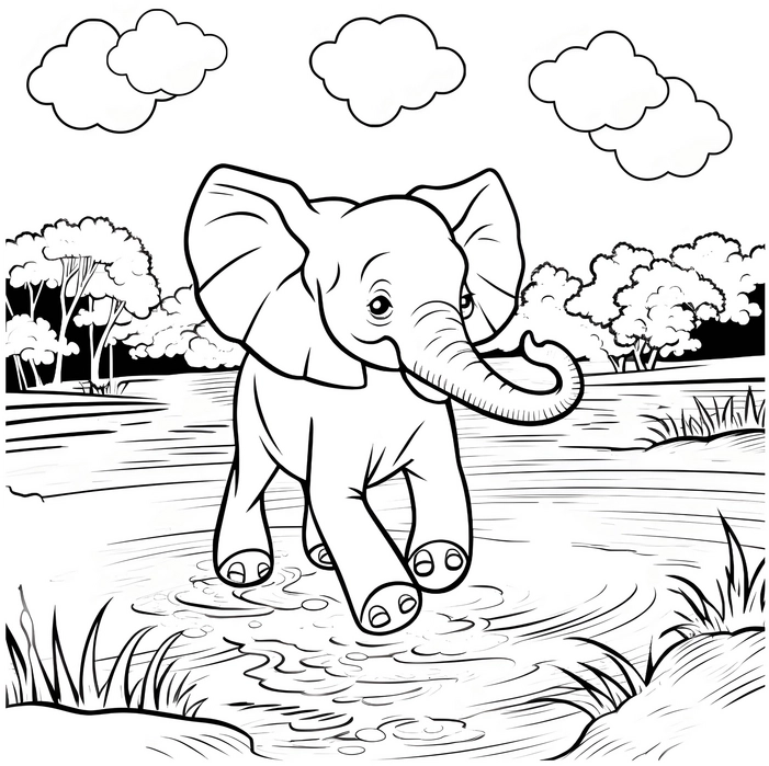 malvorlage-elefant-im-wasser-mit-baeumen-und-wolken