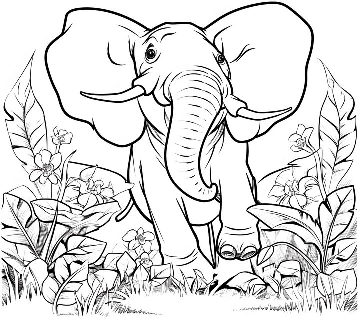 malvorlage-elefant-in-der-natur-mit-pflanzen-und-blumen