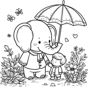 malvorlage-elefant-kind-regenschirm-natur