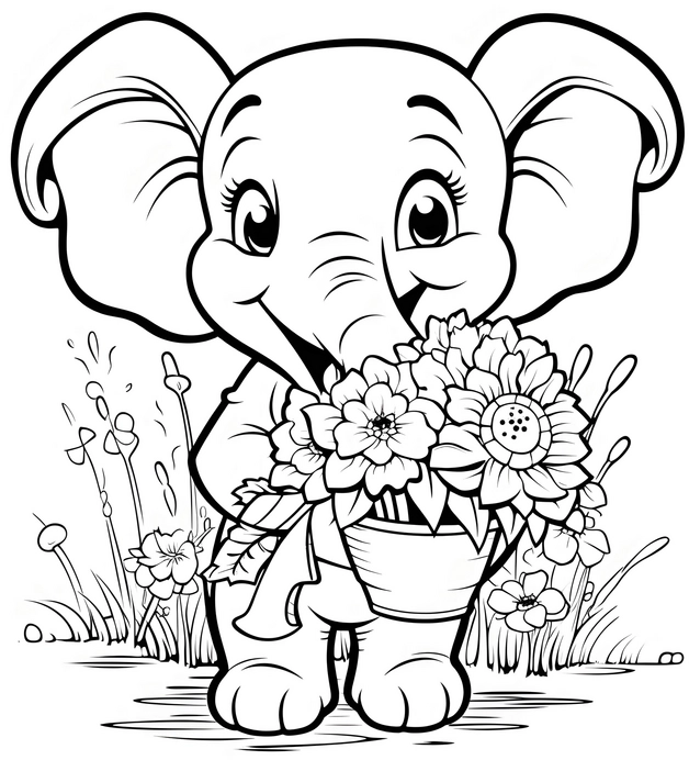 malvorlage-elefant-mit-blumenstrauss