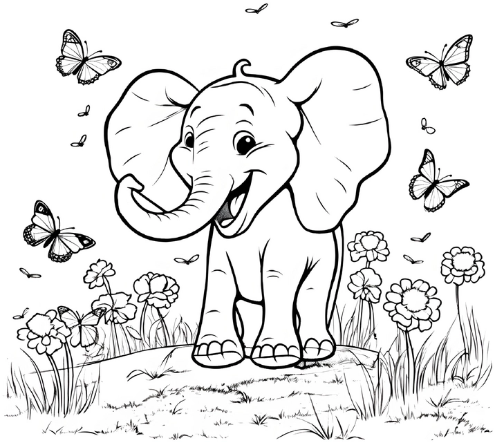 malvorlage-elefant-mit-schmetterlingen-und-blumen