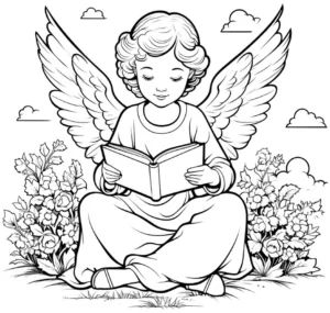 malvorlage-engel-mit-buch-und-blumen