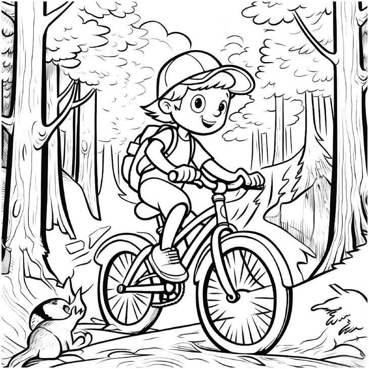 malvorlage-fahrradfahrender-junge-im-wald-mit-vogel