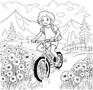 malvorlage-fahrradfahrender-junge-in-bluetenlandschaft