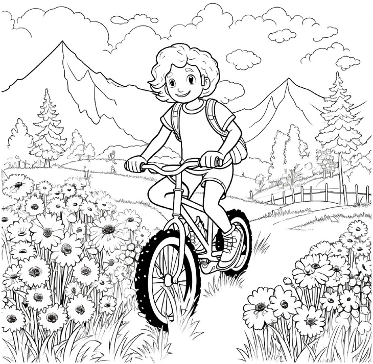 malvorlage-fahrradfahrender-junge-in-bluetenlandschaft