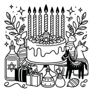 malvorlage-festlicher-kuchen-mit-tieren-und-geschenken