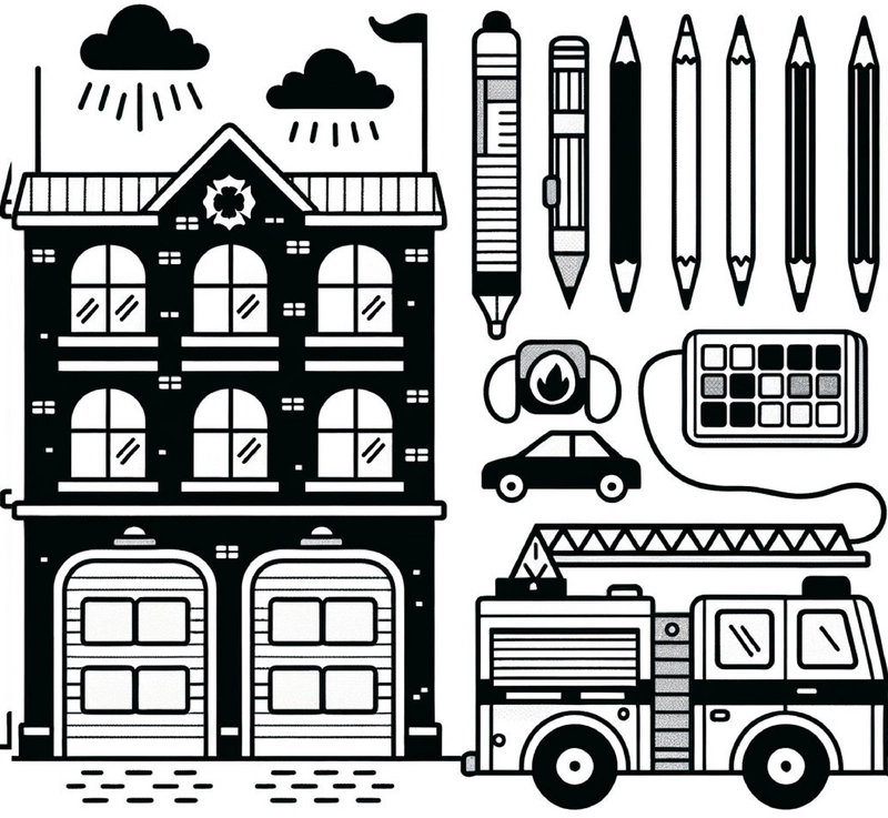 malvorlage-feuerwehrhaus-feuerwehrwagen-zeichenmaterialien