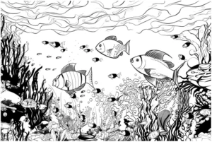 malvorlage-fische-in-einer-bunten-unterwasserlandschaft