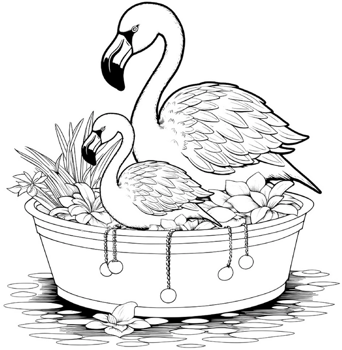 malvorlage-flamingos-im-pflanzenpot