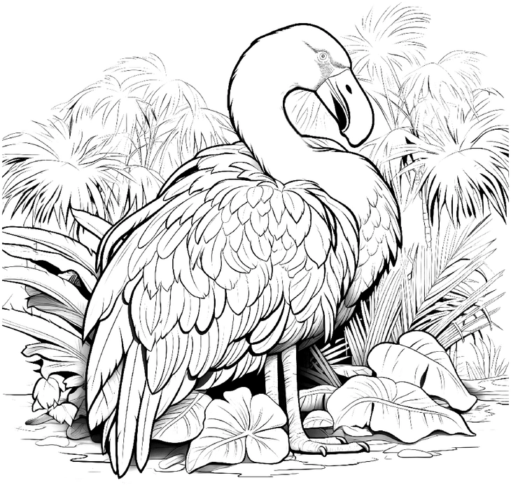 malvorlage-flauschiger-flamingo-in-tropischer-umgebung