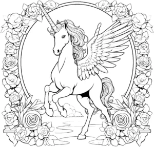 malvorlage-fliegendes-einhorn-im-blumenrahmen