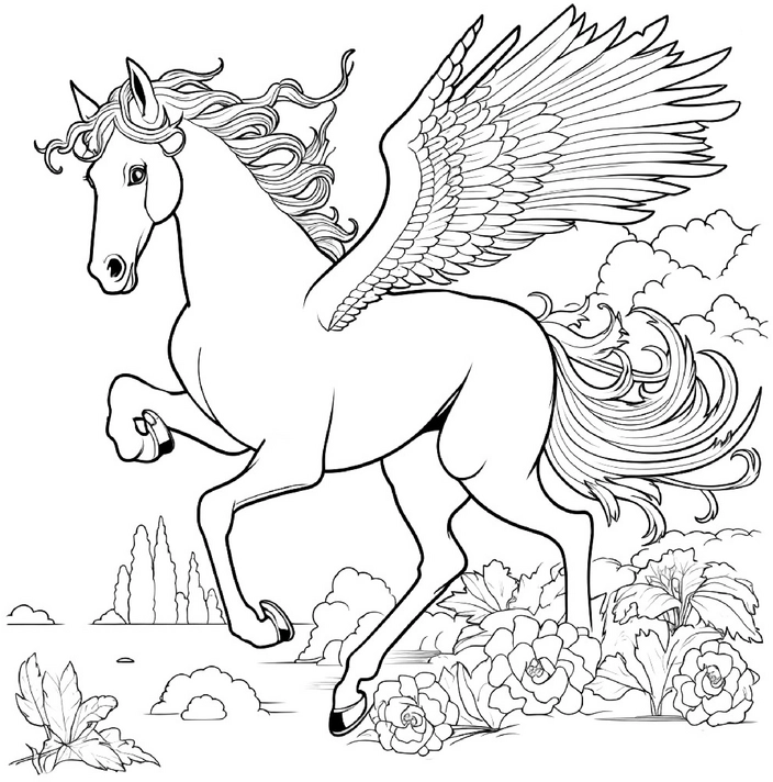 malvorlage-fliegendes-pferd-mit-federn-in-einer-traumlandschaft