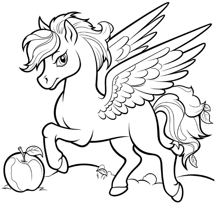 malvorlage-fliegendes-pony-mit-apfel-und-fluegeln