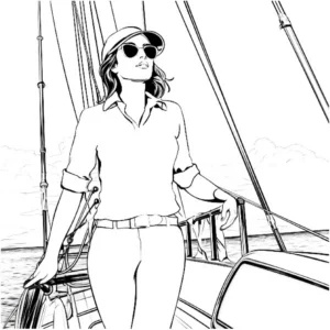 malvorlage-frau-auf-boot-mit-sonnenbrille-und-meer