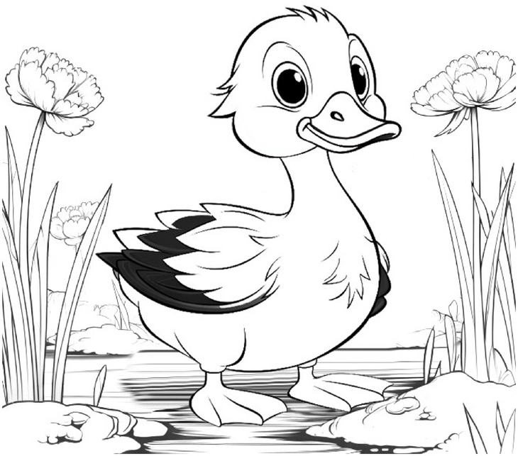 malvorlage-freundliche-ente-am-teich-mit-blumen