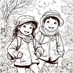 malvorlage-froehliche-kinder-im-herbst-mit-bunten-blaettern