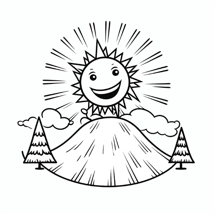 malvorlage-fröhliche-sonne-und-tannenbäume