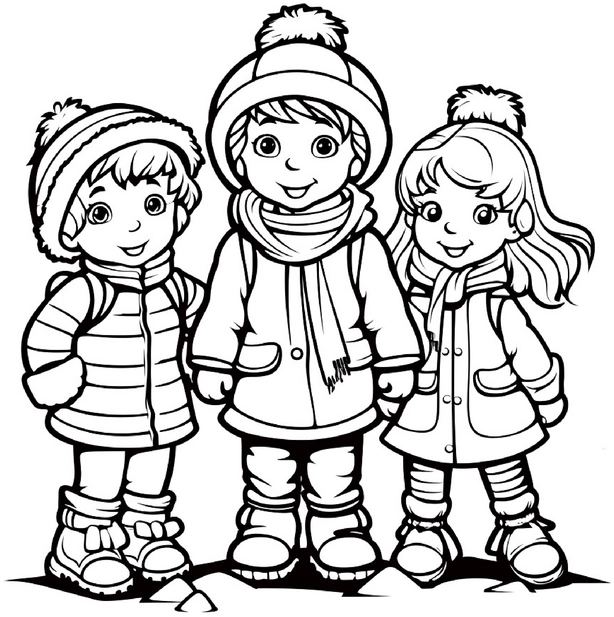malvorlage-froehliche-winterkinder-in-warmer-kleidung