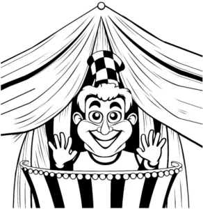 malvorlage-froehlicher-clown-im-zelt