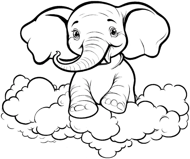 malvorlage-fröhlicher-elefant-auf-wolken
