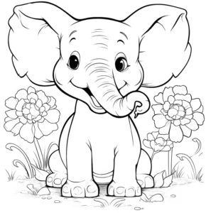 malvorlage-froehlicher-elefant-mit-blumen