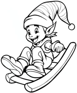 malvorlage-froehlicher-elf-auf-einem-schlitten-im-winter
