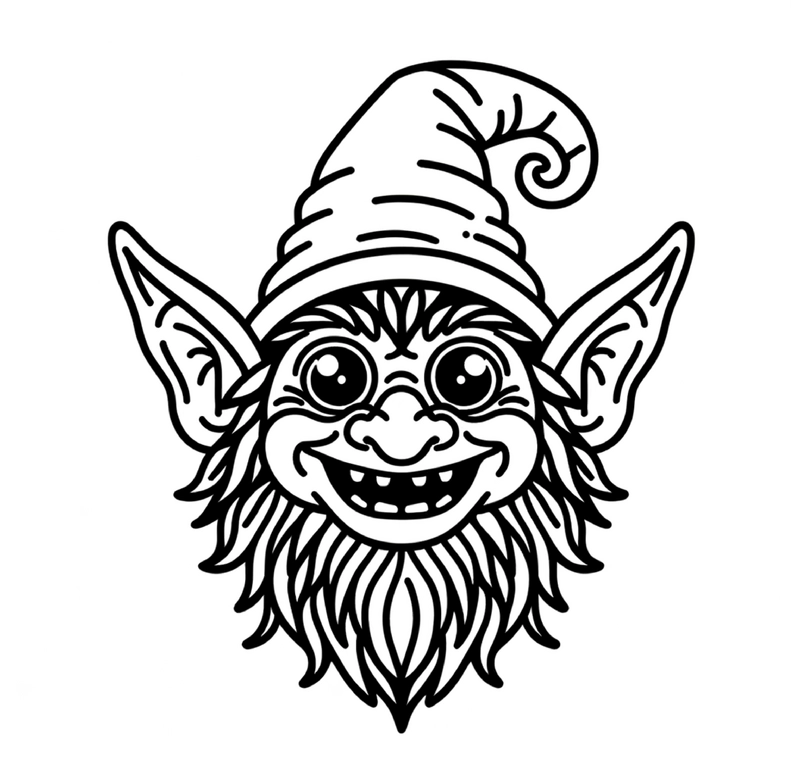 malvorlage-froehlicher-kobold-mit-grossen-ohren-und-hut