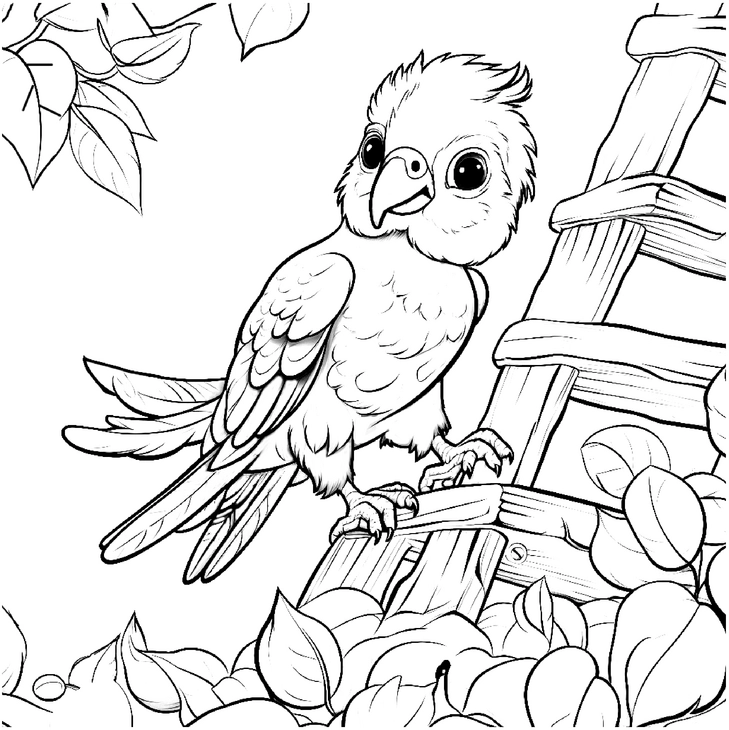 malvorlage-froehlicher-vogel-auf-leiter-mit-pflanzen