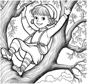 malvorlage-froehliches-kind-im-baum-zum-ausmalen