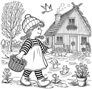 malvorlage-froehliches-kind-im-fruehling-mit-blumen-und-haus