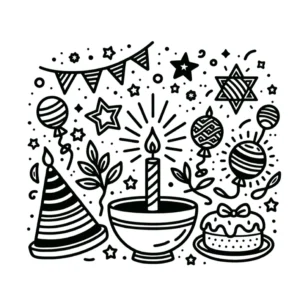 malvorlage-fruehliche-geburtstagsfeier-mit-kuchen-und-luftballons