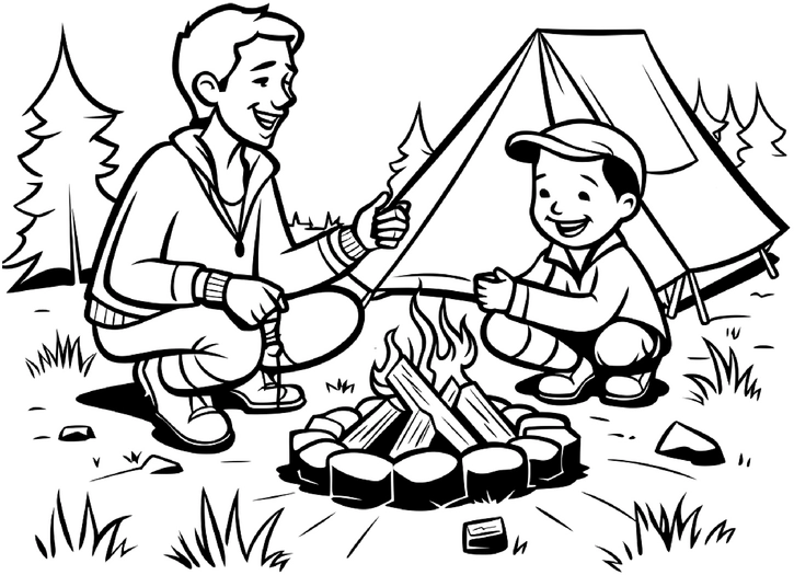 malvorlage-fruehling-camping-mit-vater-und-sohn