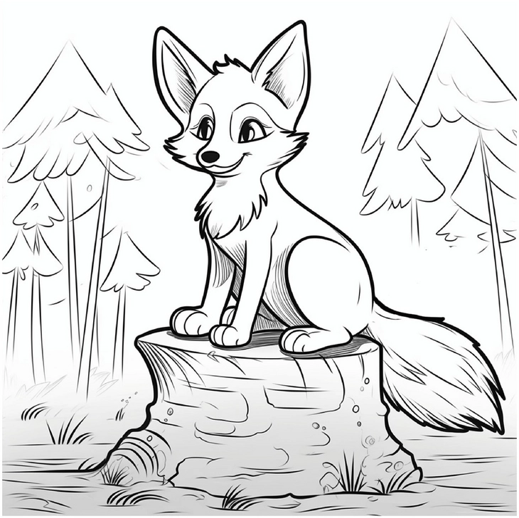 malvorlage-fuchs-auf-baumstamm-in-der-natur