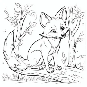 malvorlage-fuchs-auf-baumstamm-mit-natur-hintergrund