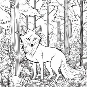 malvorlage-fuchs-im-wald-mit-baeumen