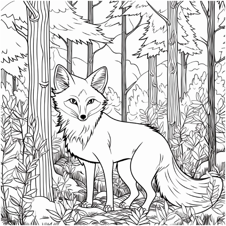 malvorlage-fuchs-im-wald-mit-baeumen