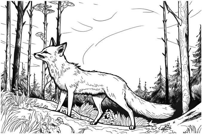 malvorlage-fuchs-im-wald-mit-naturdetails