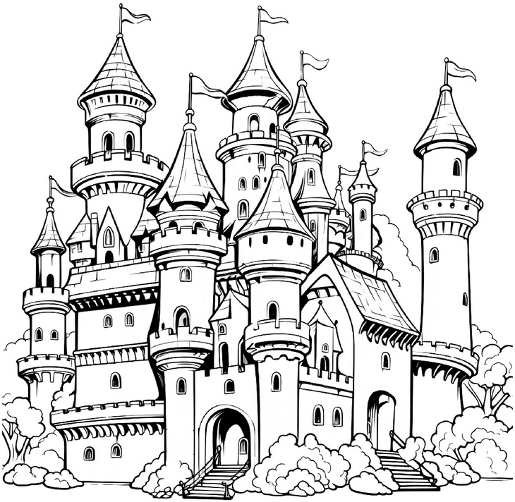 malvorlage-fuer-ein-schloss-mit-tuern-und-wimpeln